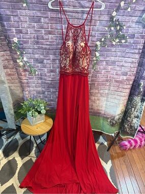Scarlet Beaded Halter Prom Dress with Sheer Bodice vampire ball Tall size 4